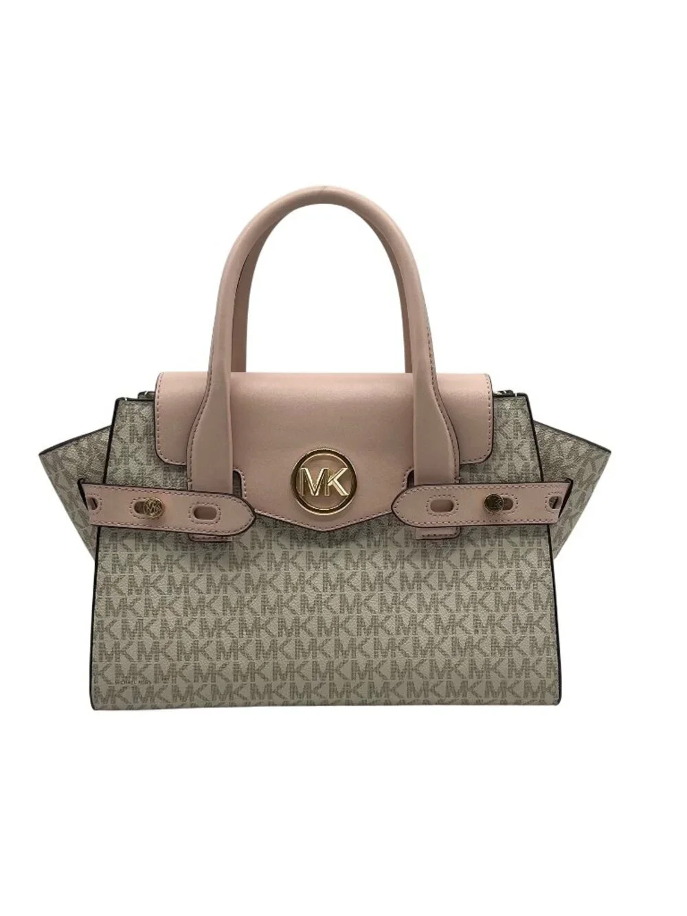 Michael Kors Carmen Vanilla/Powder Blush Signature Canvas Medium Belted Satchel
